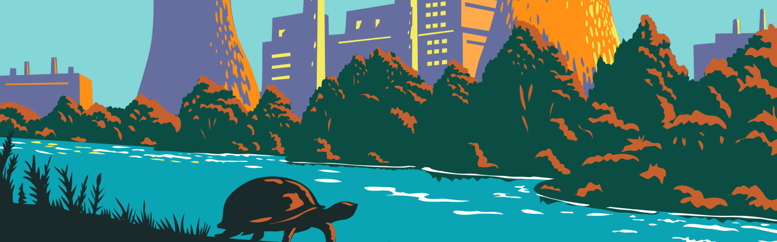 A large coal plant generates emissions next to a natural waterway